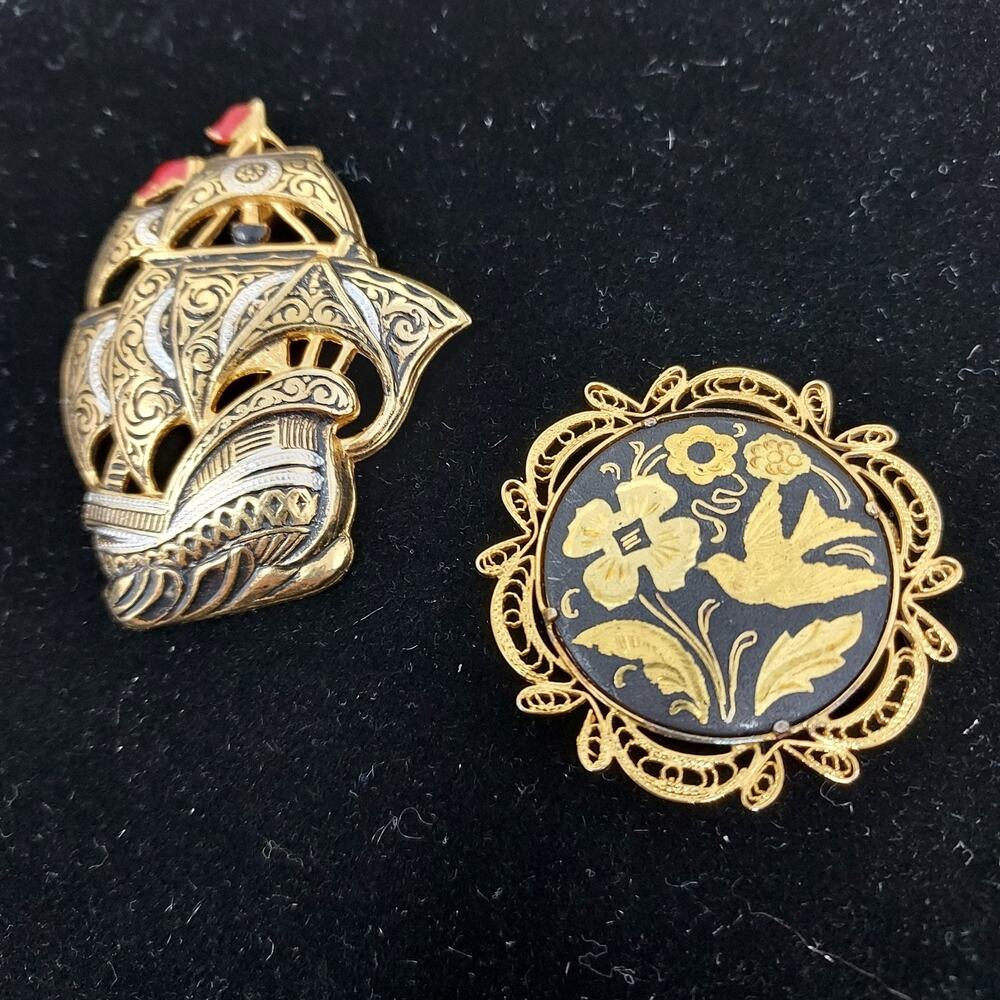 Vintage Damascene Brooch Lot of 2 Sailing Ship Bird Floral Black Gold Filigree